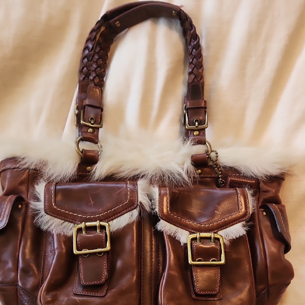 Coach Brown Leather Shoulder Bag with Faux Fur - Picture 3 of 8